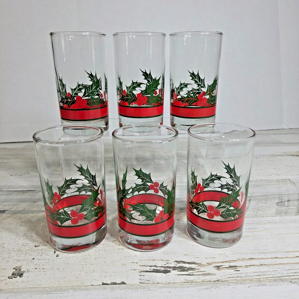 Vintage Libbey Christmas Holly Berries Tumbler Glasses Set of 6 Holiday 12oz 5"